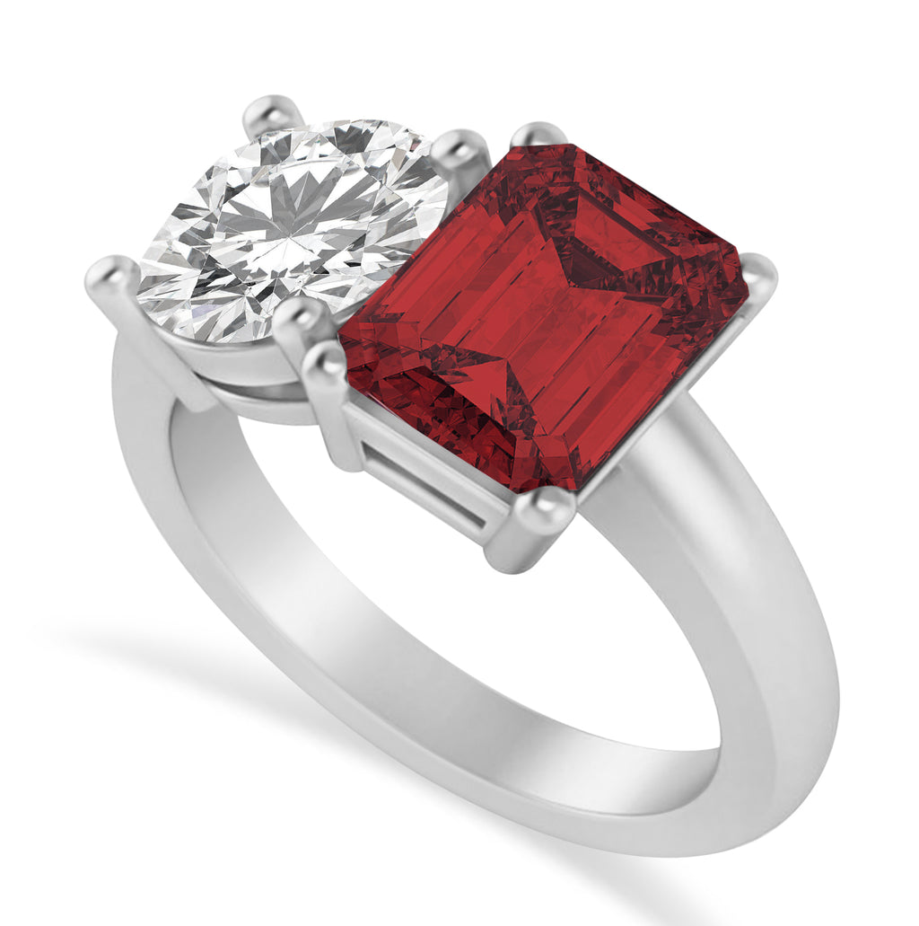 Emerald/Round Diamond & Garnet Toi et Moi Ring 18k White Gold (4.50ct)