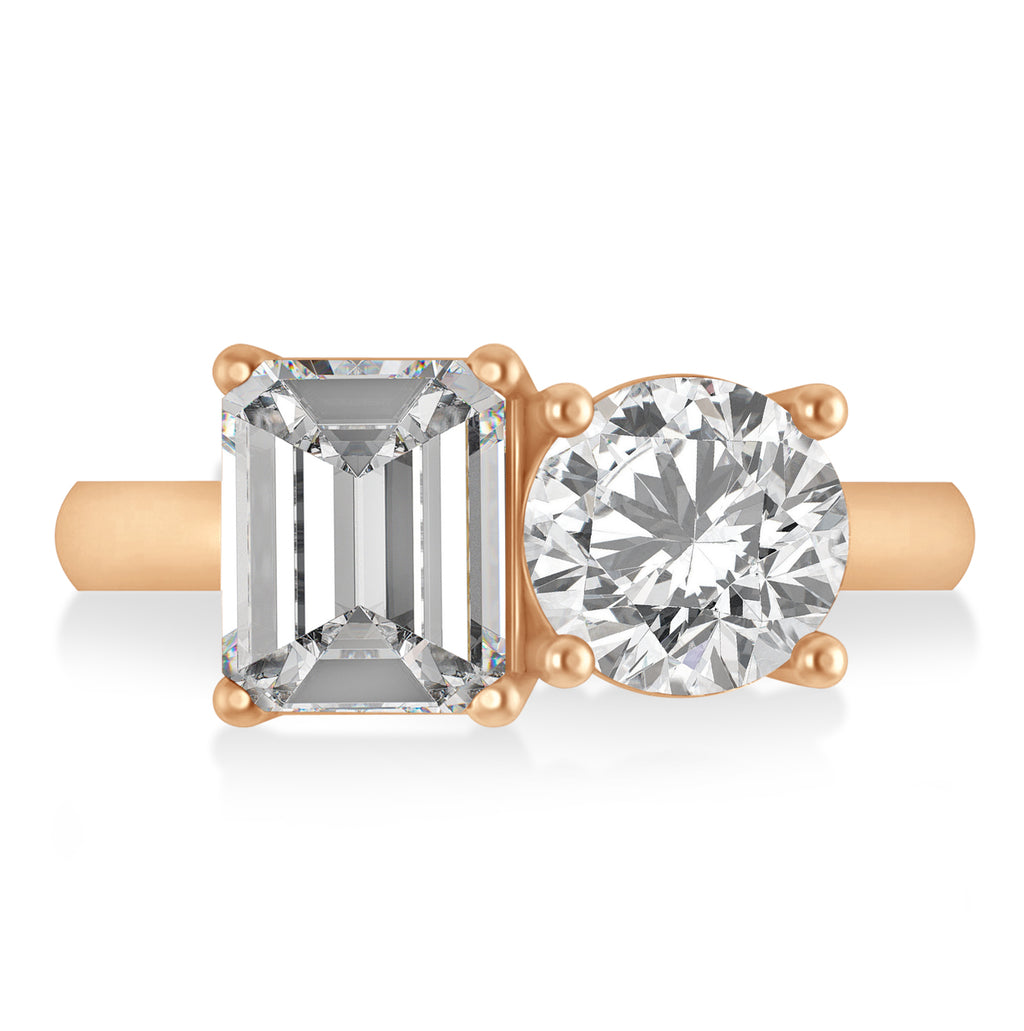Emerald/Round Lab Diamond Toi et Moi Ring 18k Rose Gold (4.50ct)