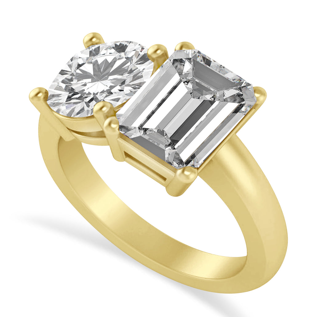 Emerald/Round Moissanite Toi et Moi Ring 14k Yellow Gold (4.50ct)