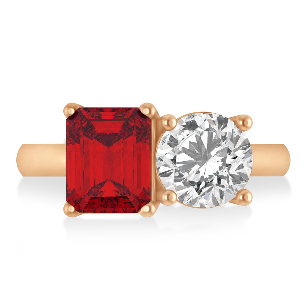 Emerald/Round Diamond & Ruby Toi et Moi Ring 14k Rose Gold (4.50ct)