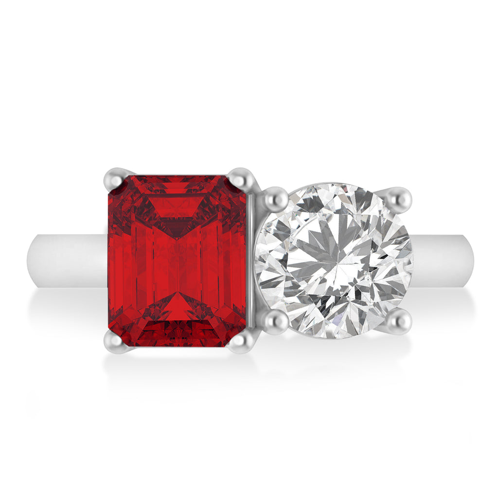 Emerald/Round Diamond & Ruby Toi et Moi Ring 18k White Gold (4.50ct)