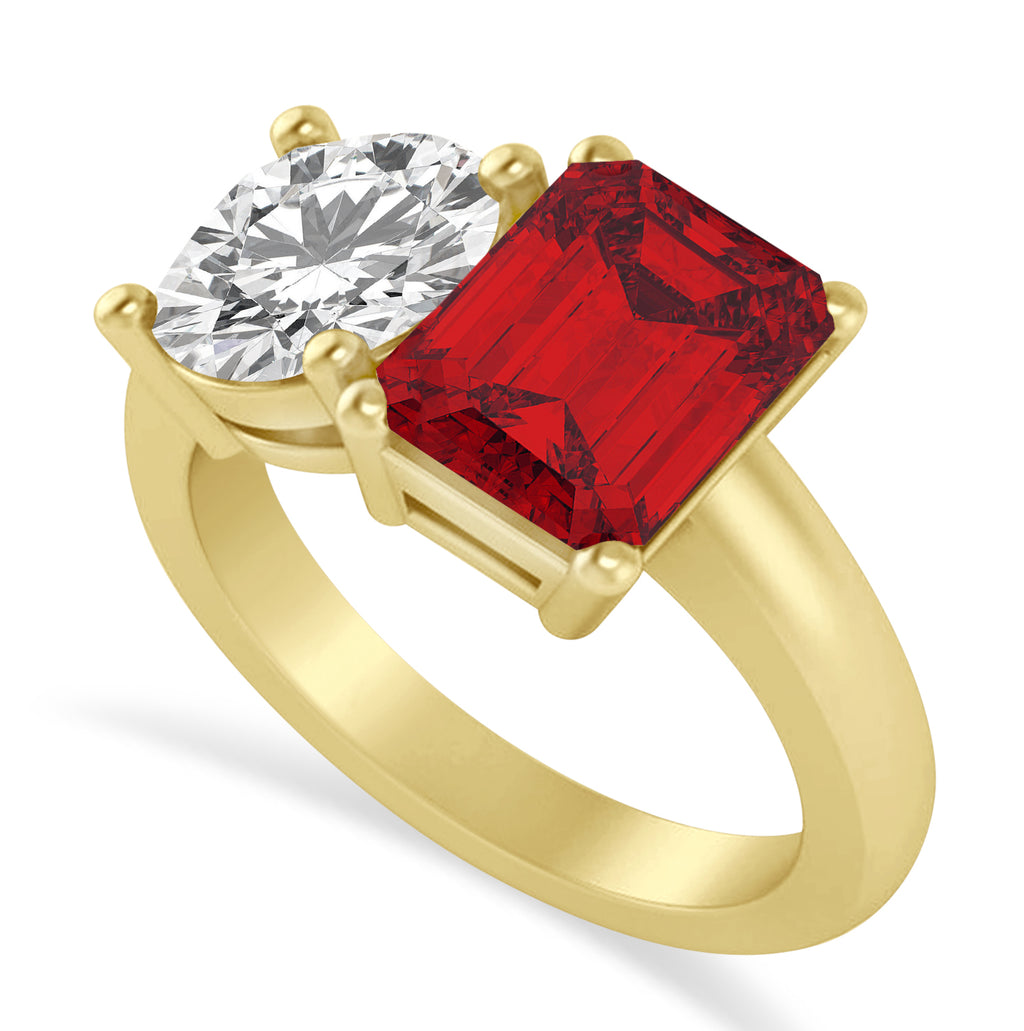 Emerald/Round Diamond & Ruby Toi et Moi Ring 18k Yellow Gold (4.50ct)