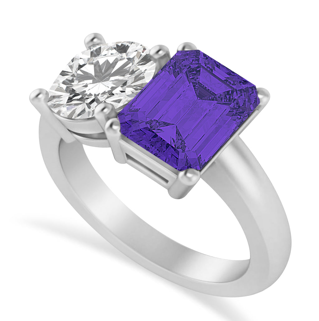 Emerald/Round Diamond & Tanzanite Toi et Moi Ring 14k White Gold (4.50ct)