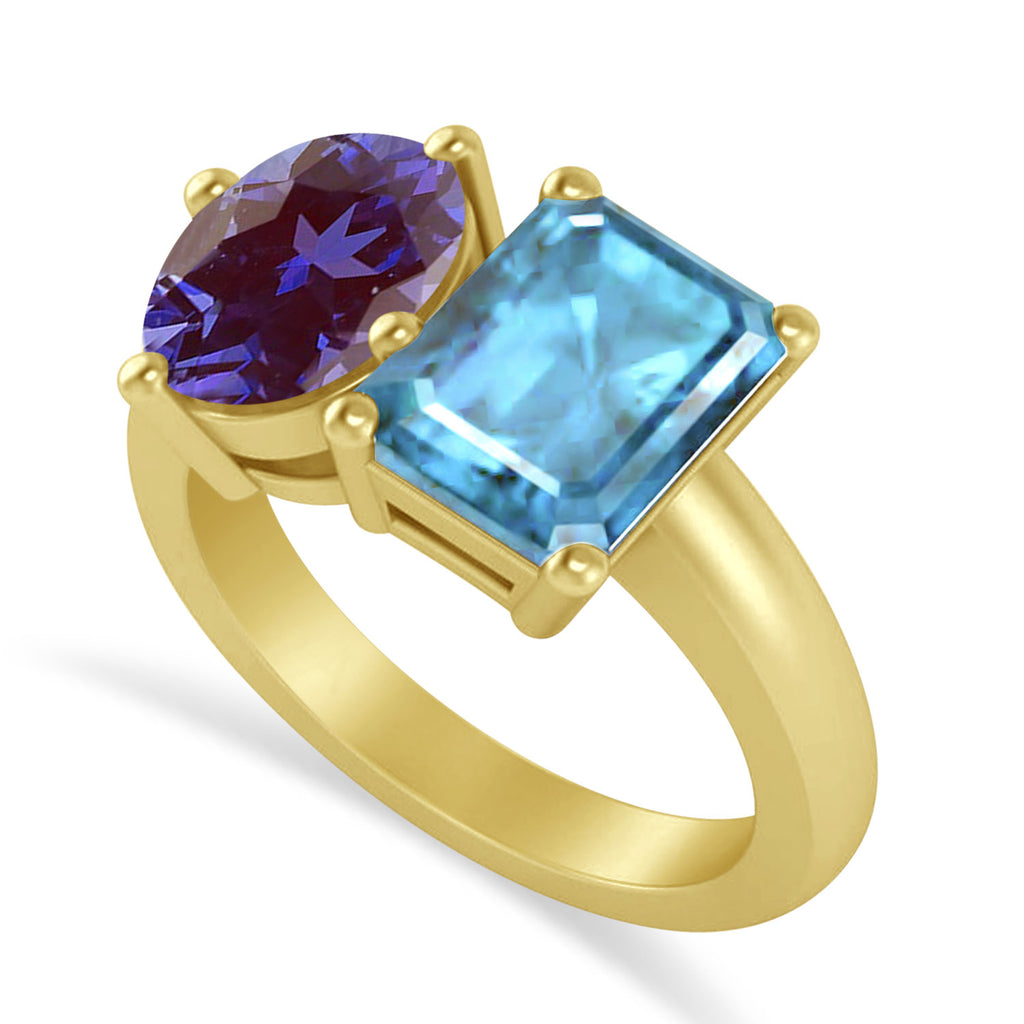 Emerald/Oval Lab Alexandrite & Blue Topaz Toi et Moi Ring 14k Yellow Gold (5.50ct)
