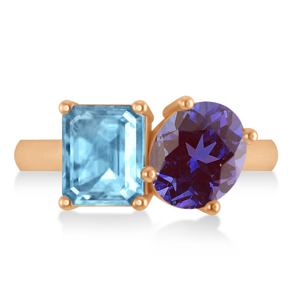 Emerald/Oval Lab Alexandrite & Blue Topaz Toi et Moi Ring 18k Rose Gold (5.50ct)