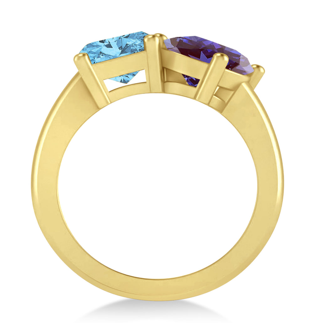 Emerald/Oval Lab Alexandrite & Blue Topaz Toi et Moi Ring 18k Yellow Gold (5.50ct)