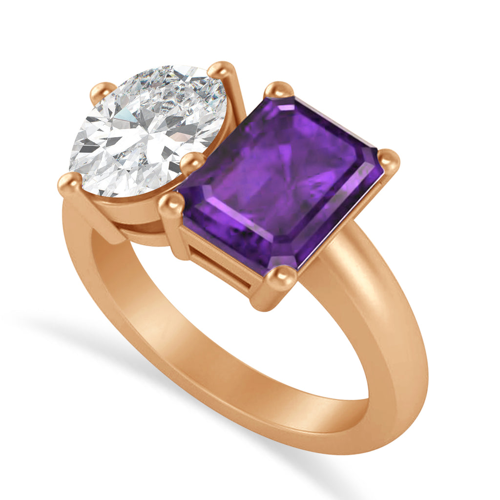 Emerald/Oval Diamond & Amethyst Toi et Moi Ring 14k Rose Gold (5.50ct)