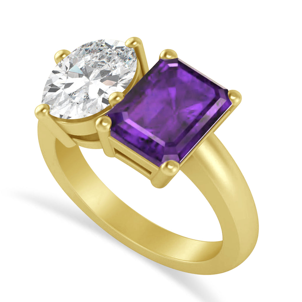 Emerald/Oval Diamond & Amethyst Toi et Moi Ring 14k Yellow Gold (5.50ct)