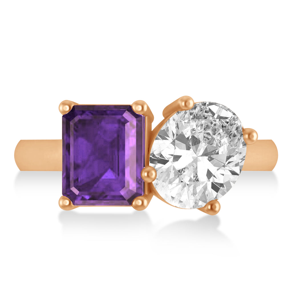 Emerald/Oval Diamond & Amethyst Toi et Moi Ring 18k Rose Gold (5.50ct)