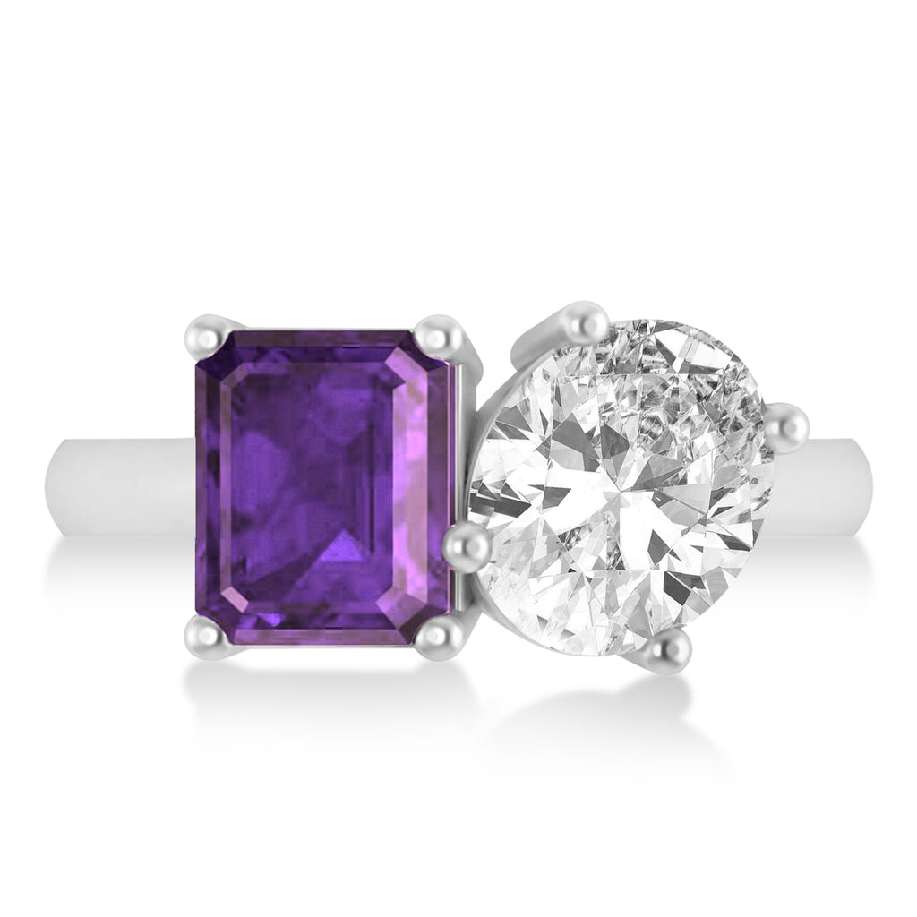 Emerald/Oval Diamond & Amethyst Toi et Moi Ring 18k White Gold (5.50ct)