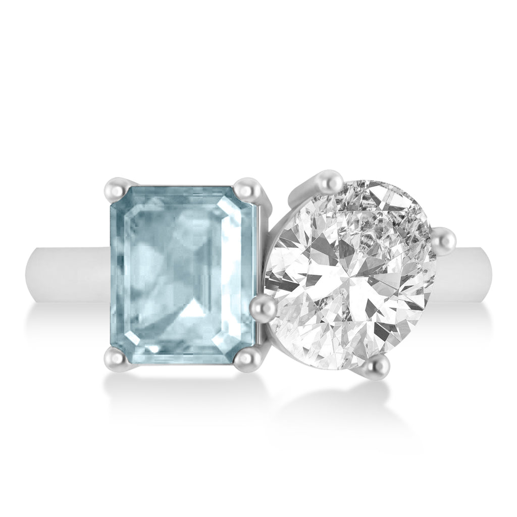 Emerald/Oval Diamond & Aquamarine Toi et Moi Ring 14k White Gold (5.50ct)