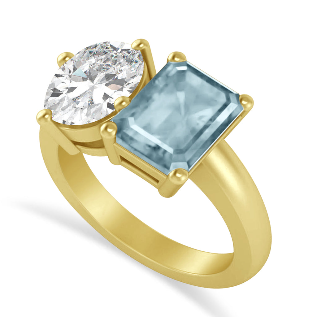 Emerald/Oval Diamond & Aquamarine Toi et Moi Ring 14k Yellow Gold (5.50ct)