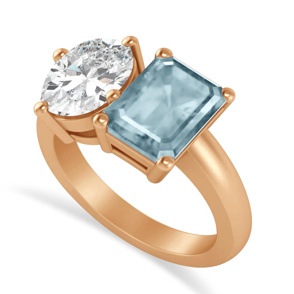 Emerald/Oval Diamond & Aquamarine Toi et Moi Ring 18k Rose Gold (5.50ct)