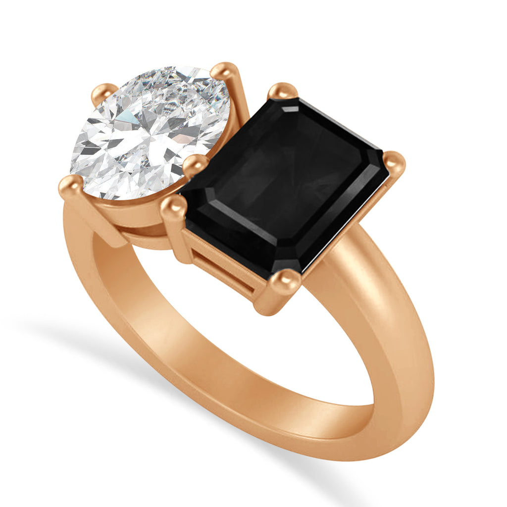 Emerald/Oval Black & White Diamond Toi et Moi Ring 18k Rose Gold (5.50ct)