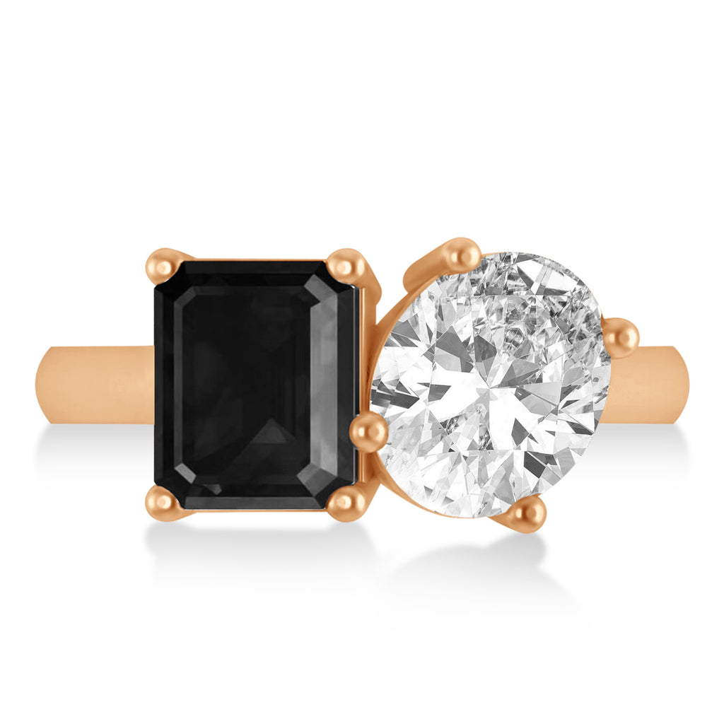 Emerald/Oval Black & White Diamond Toi et Moi Ring 18k Rose Gold (5.50ct)