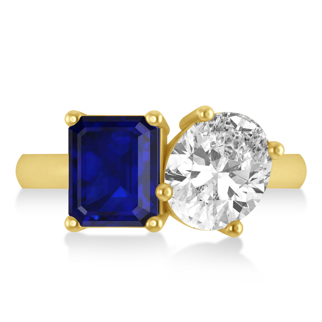 Emerald/Oval Diamond & Blue Sapphire Toi et Moi Ring 18k Yellow Gold (5.50ct)