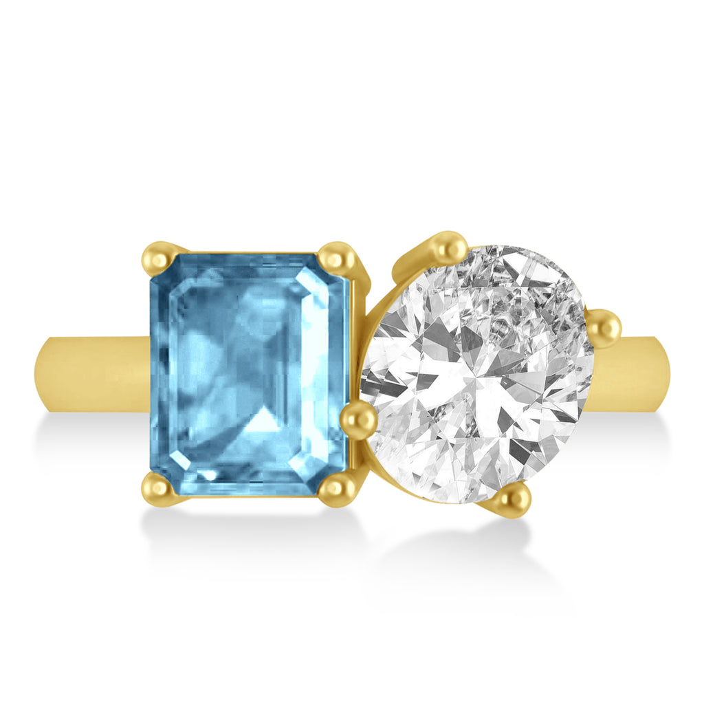 Emerald/Oval Diamond & Blue Topaz Toi et Moi Ring 14k Yellow Gold (5.50ct)