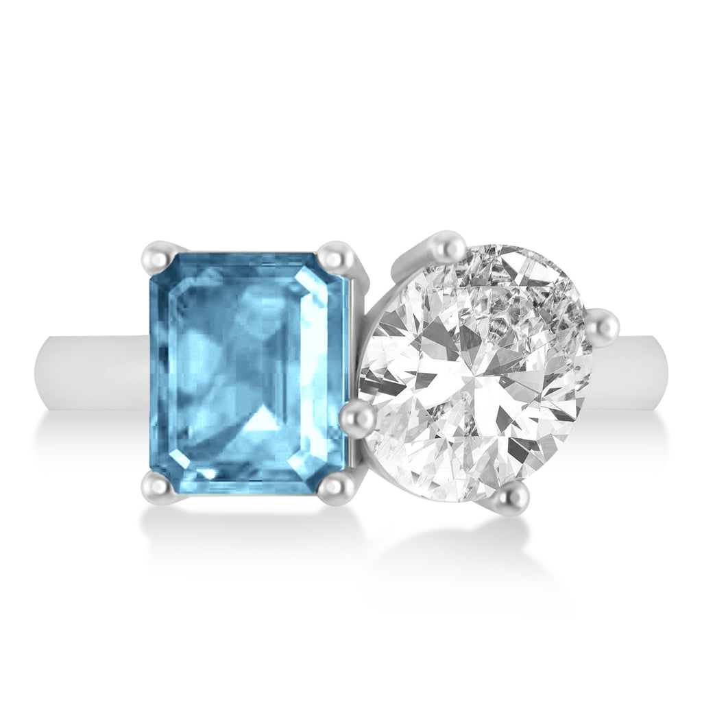 Emerald/Oval Diamond & Blue Topaz Toi et Moi Ring 18k White Gold (5.50ct)