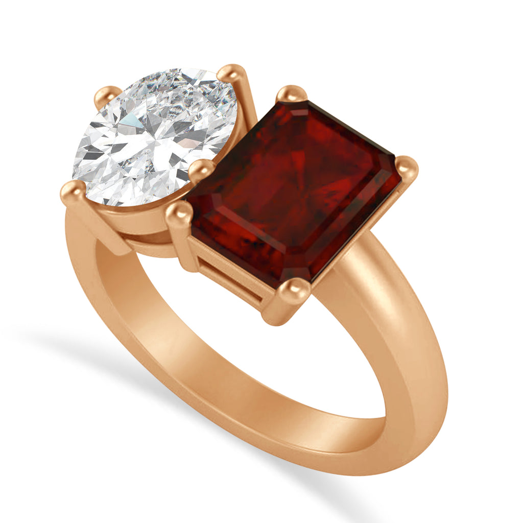 Emerald/Oval Diamond & Garnet Toi et Moi Ring 18k Rose Gold (5.50ct)