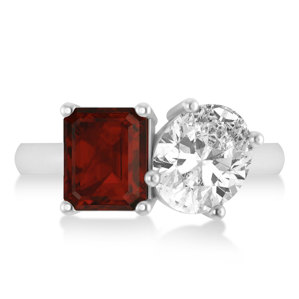 Emerald/Oval Diamond & Garnet Toi et Moi Ring 18k White Gold (5.50ct)