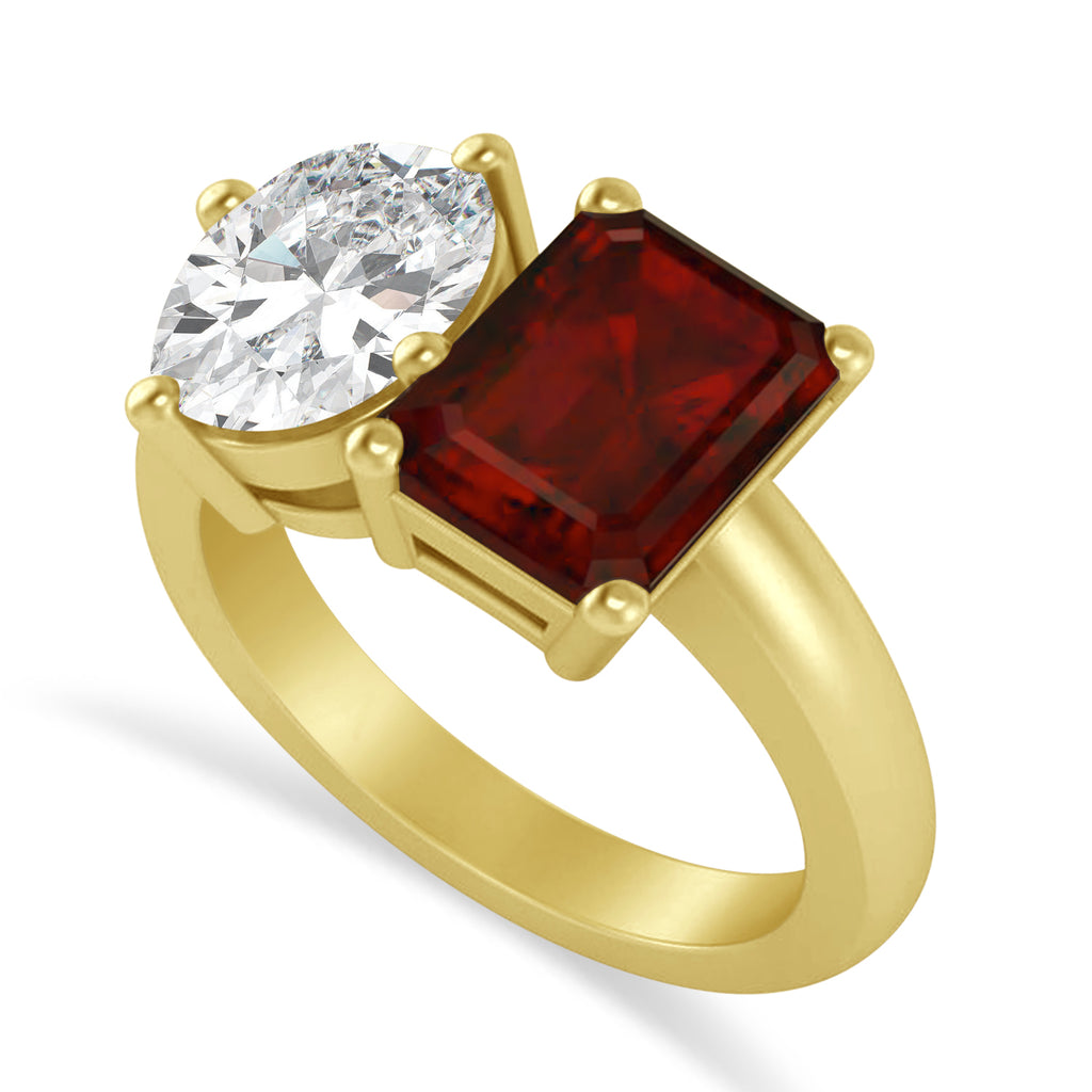 Emerald/Oval Diamond & Garnet Toi et Moi Ring 18k Yellow Gold (5.50ct)