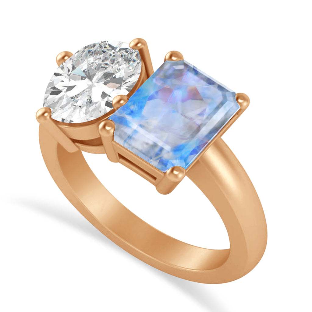 Emerald/Oval Diamond & Moonstone Toi et Moi Ring 14k Rose Gold (5.50ct)