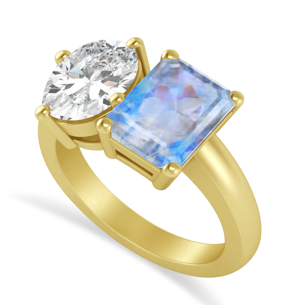 Emerald/Oval Diamond & Moonstone Toi et Moi Ring 18k Yellow Gold (5.50ct)