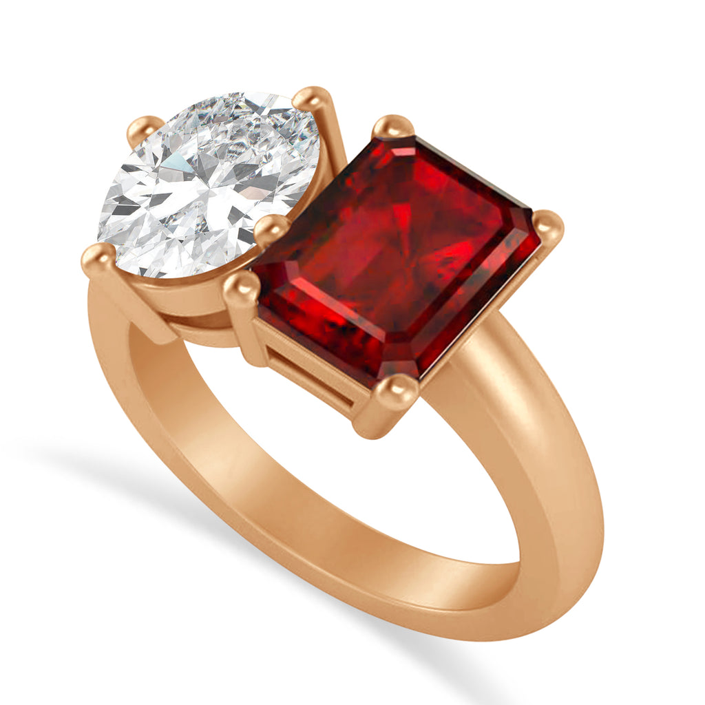 Emerald/Oval Diamond & Ruby Toi et Moi Ring 14k Rose Gold (5.50ct)