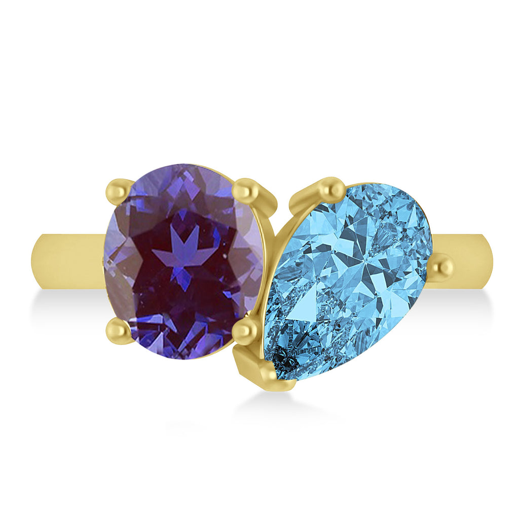 Pear/Oval Lab Alexandrite & Blue Topaz Toi et Moi Ring 14k Yellow Gold (6.00ct)