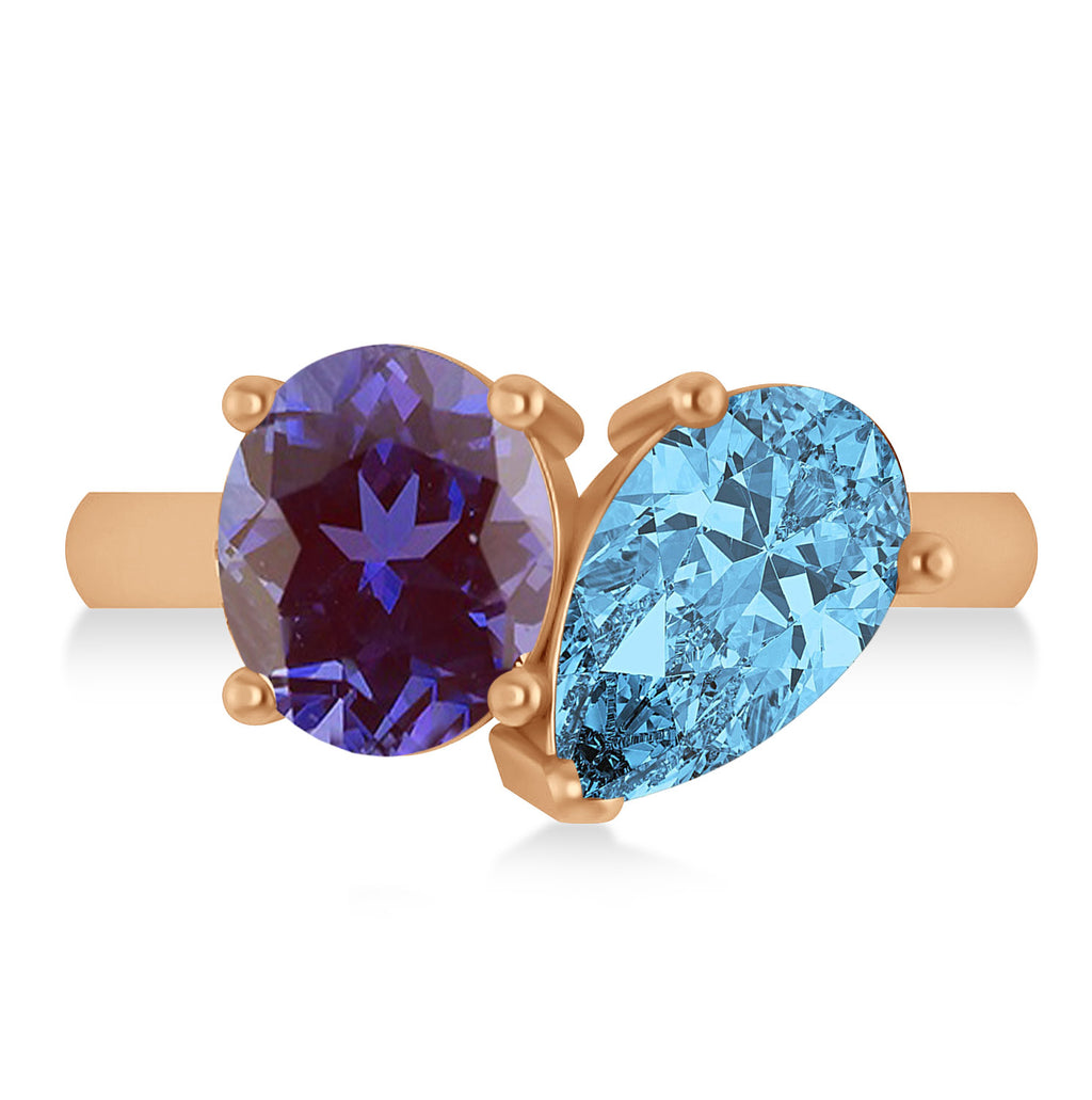 Pear/Oval Lab Alexandrite & Blue Topaz Toi et Moi Ring 18k Rose Gold (6.00ct)