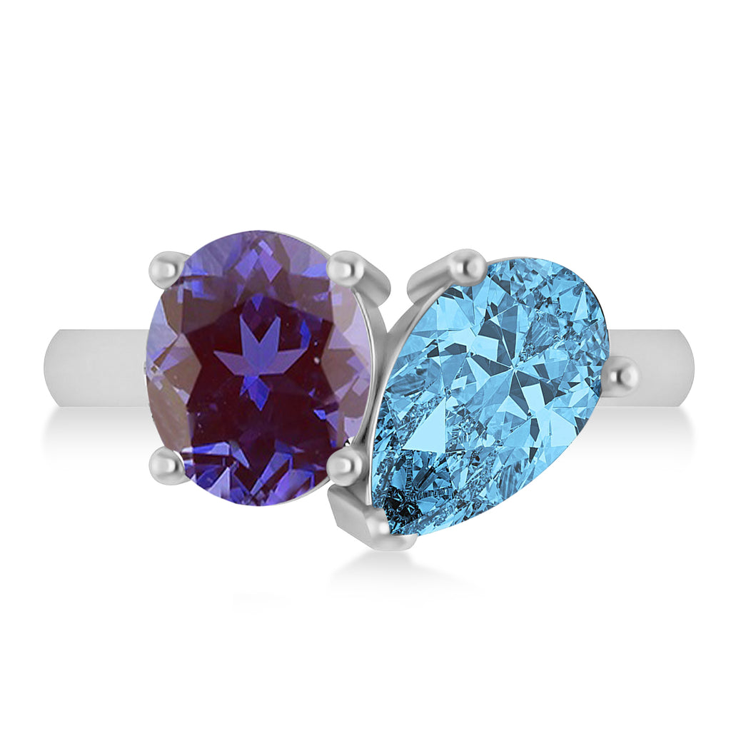 Pear/Oval Lab Alexandrite & Blue Topaz Toi et Moi Ring 18k White Gold (6.00ct)