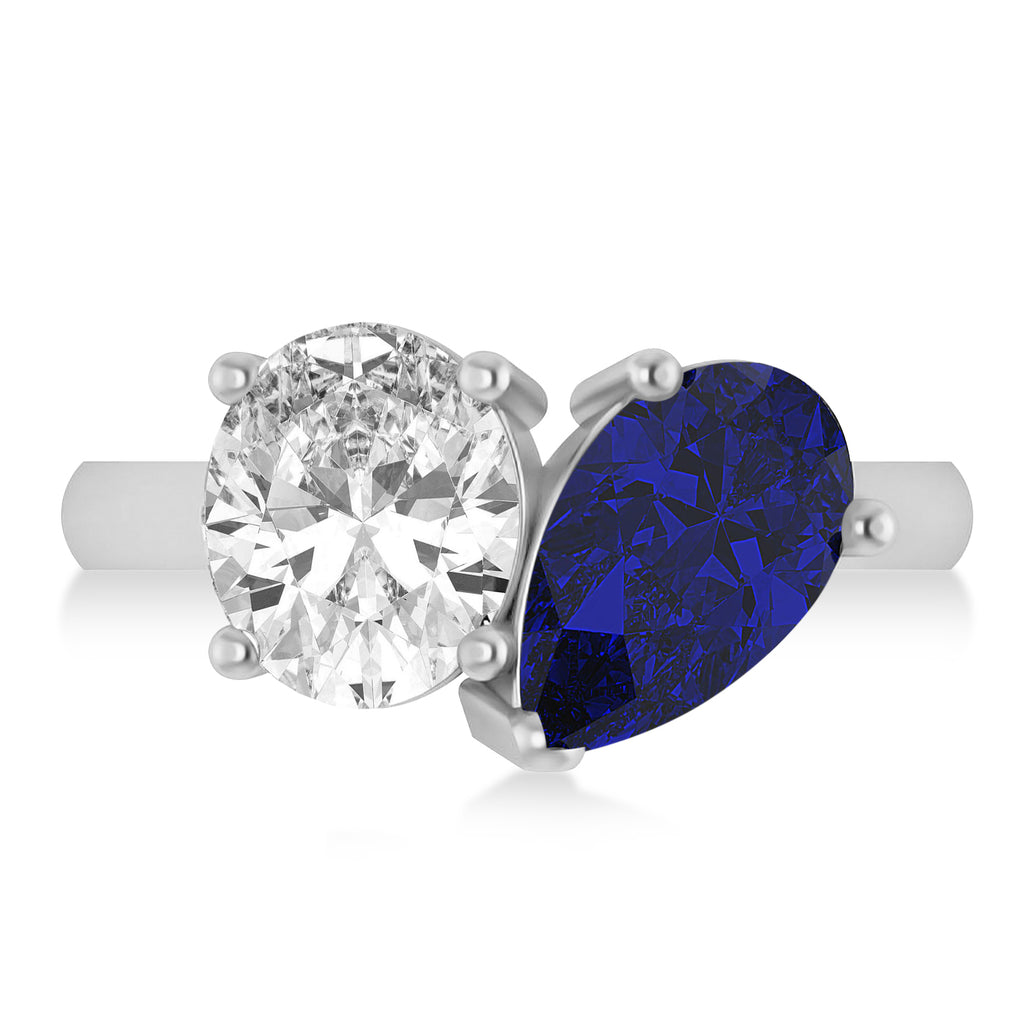 Pear/Oval Diamond & Blue Sapphire Toi et Moi Ring 14k White Gold (6.00ct)