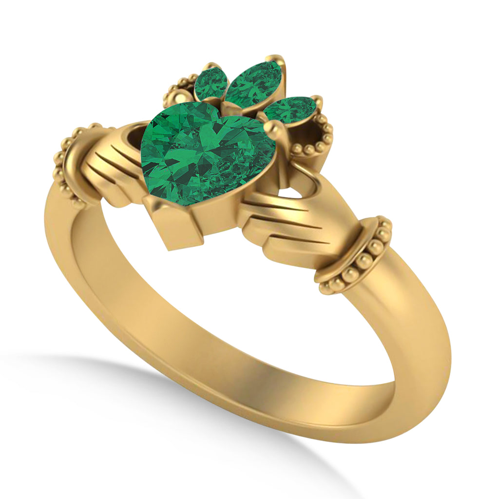Lab-Grown Emerald Heart & Marquise  Claddagh Ring 14K Yellow Gold (0.81ct)
