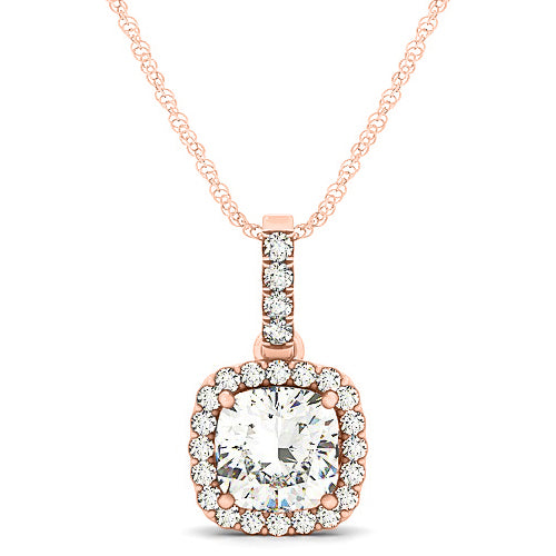 Diamond Halo Cushion Pendant Necklace 14k Rose Gold (1.49ct)