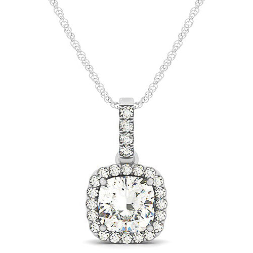 Diamond Halo Cushion Pendant Necklace 14k White Gold (1.49ct)