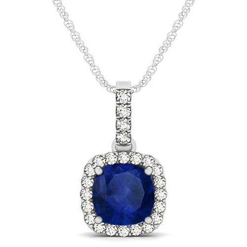 Blue Sapphire & Diamond Halo Cushion Pendant Necklace 14k White Gold (1.94ct)