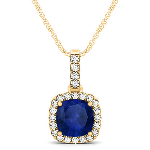 Blue Sapphire & Diamond Halo Cushion Pendant Necklace 14k Yellow Gold (1.94ct)