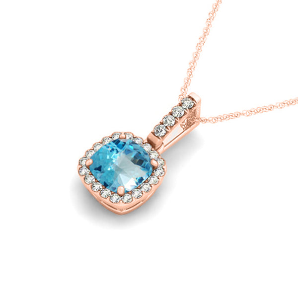Blue Topaz & Diamond Halo Cushion Pendant Necklace 14k Rose Gold (1.96ct)