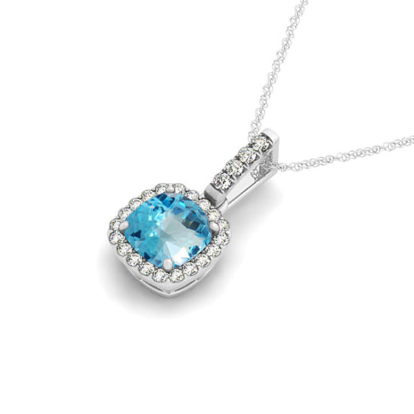 Blue Topaz & Diamond Halo Cushion Pendant Necklace 14k White Gold (1.96ct)