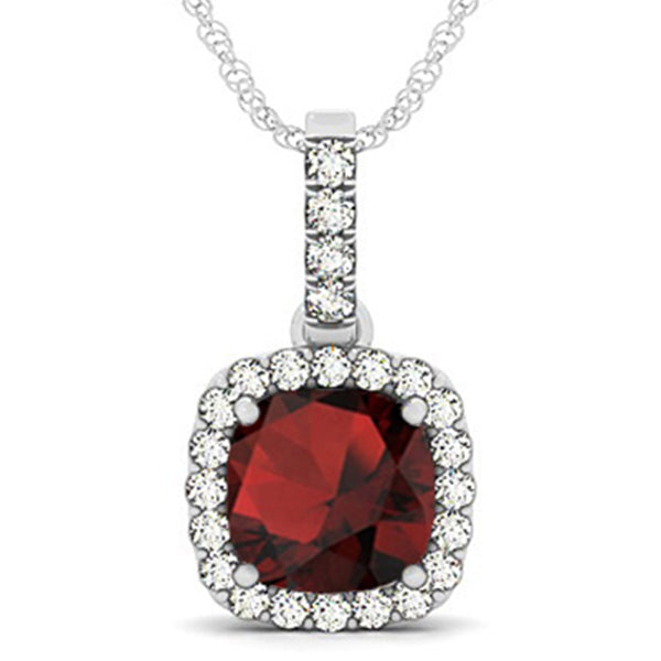 Garnet & Diamond Halo Cushion Pendant Necklace 14k White Gold (4.05ct)
