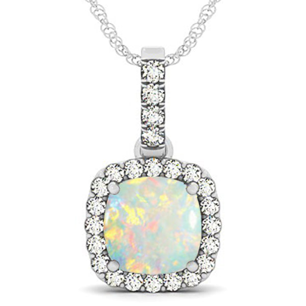 Opal & Diamond Halo Cushion Pendant Necklace 14k White Gold (4.05ct)