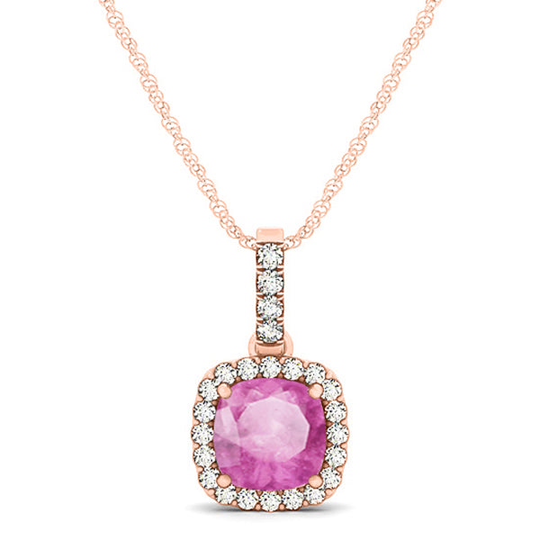 Pink Sapphire & Diamond Halo Cushion Pendant Necklace 14k Rose Gold (0.85ct)