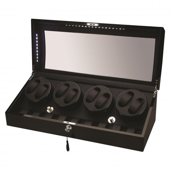LED Black Wood Eight Watch Winder w/ Additional Storage