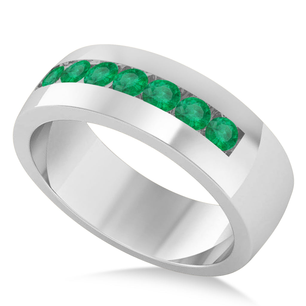 Men's Emerald Channel Set Wedding Band 14k White Gold (0.49ct)