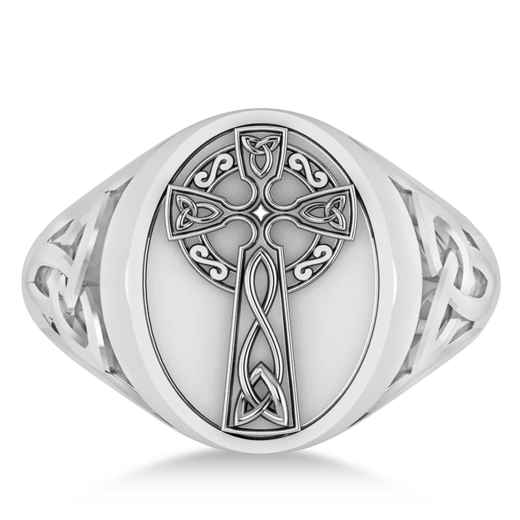 Men's Celtic Signet Irish Cross Ring 14K White Gold