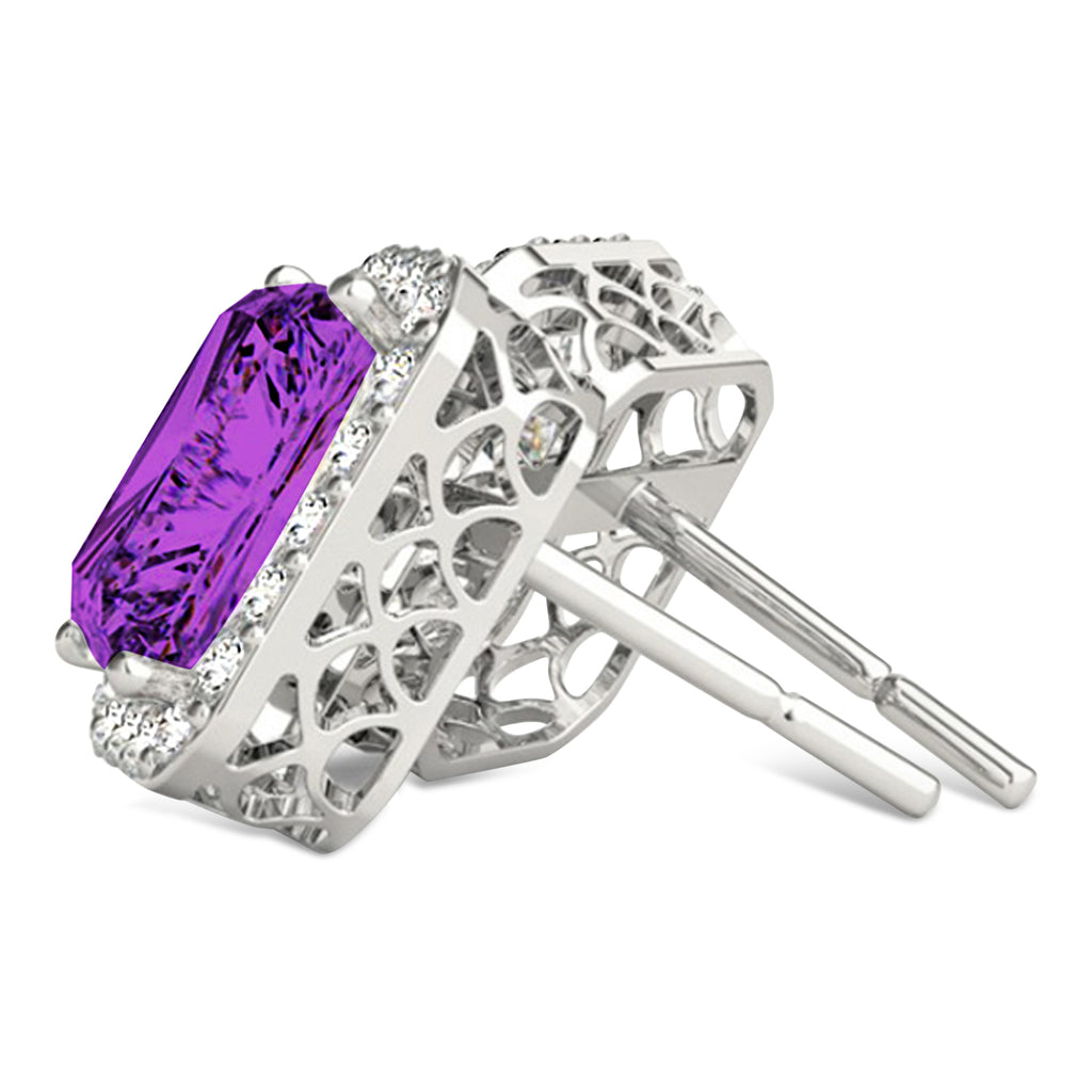 Emerald Cut Amethyst & Diamond Halo Earrings 14k White Gold (2.30ct)