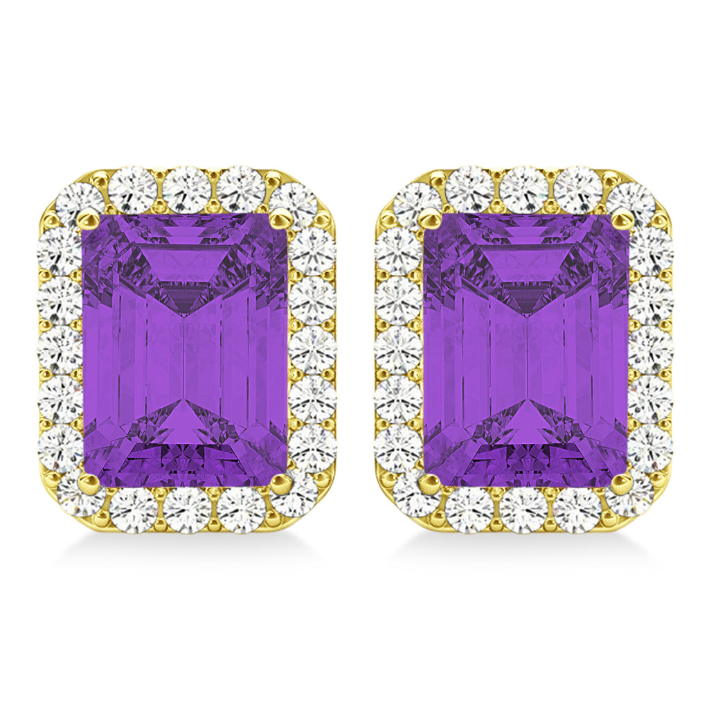 Emerald Cut Amethyst & Diamond Halo Earrings 14k Yellow Gold (2.30ct)