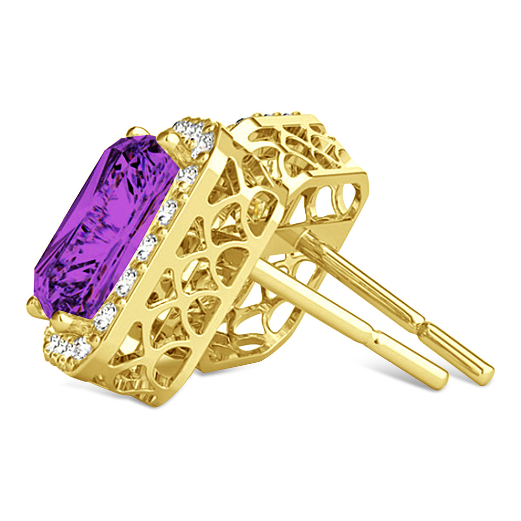 Emerald Cut Amethyst & Diamond Halo Earrings 14k Yellow Gold (2.30ct)