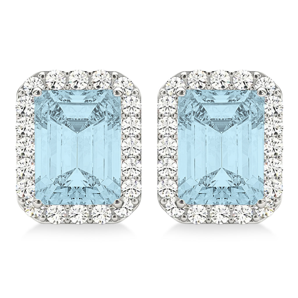 Emerald Cut Aquamarine & Diamond Halo Earrings 14k White Gold (1.80ct)
