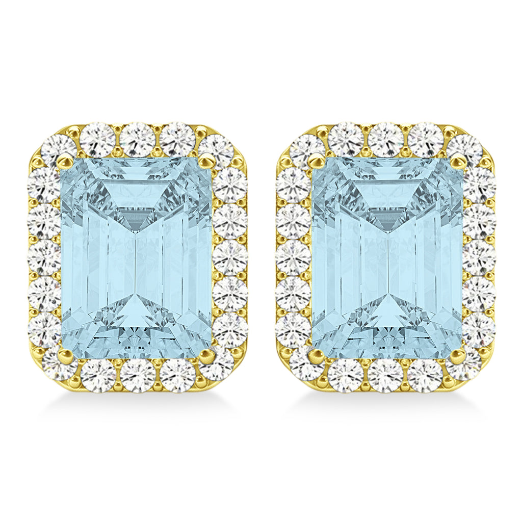 Emerald Cut Aquamarine & Diamond Halo Earrings 14k Yellow Gold (1.80ct)